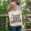 12oz Canvas Tote Bag - Lattes and Lipstick, Latte Lover Cosmetics Enthusiast Sayings - Beauty Themed Merch for Makeup Artist or Cosmetologist, Gift for Makeup Lovers & Beauticians view 2
