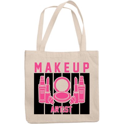 12oz Canvas Tote Bag - Makeup Artist with Compact Powder, Lipsticks & Setting Spray Design - Beauty Themed Merch for Makeup Artist or Cosmetologist, Gift for Makeup Lovers & Beauticians