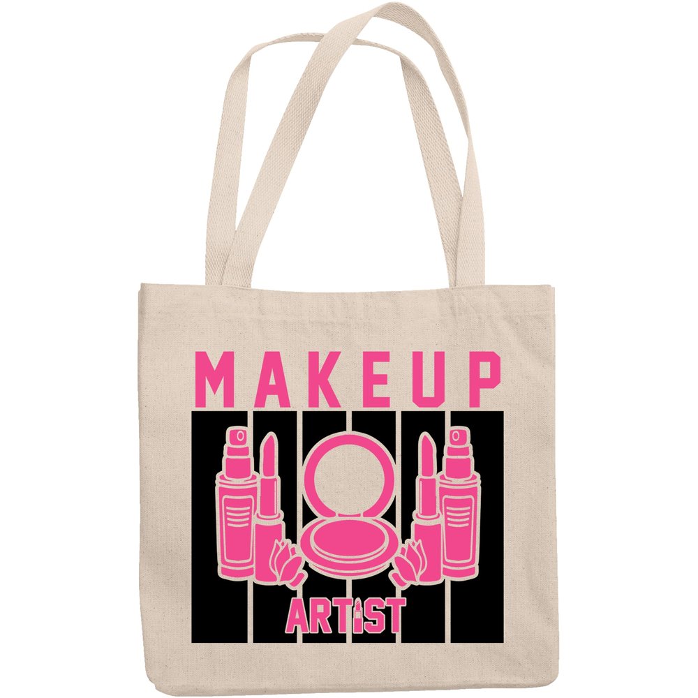 12oz Canvas Tote Bag - Makeup Artist with Compact Powder, Lipsticks & Setting Spray Design - Beauty Themed Merch for Makeup Artist or Cosmetologist, Gift for Makeup Lovers & Beauticians