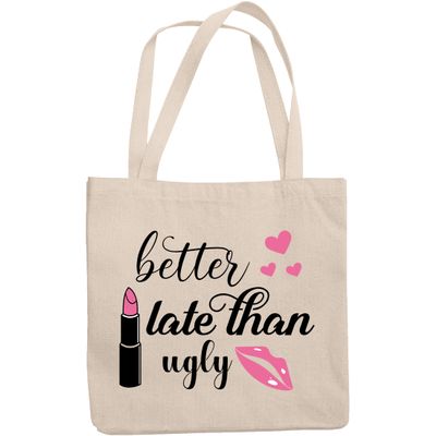 12oz Canvas Tote Bag - Better Late Than Ugly with Pink Lipstick, Hearts and Lips Design - Beauty Themed Merch for Makeup Artist or Cosmetologist, Gift for Makeup Lovers & Beauticians