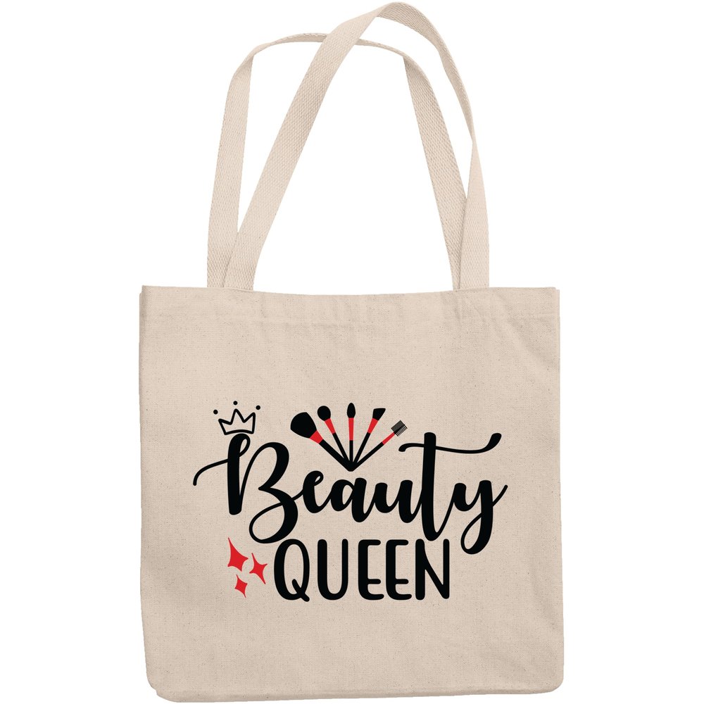 12oz Canvas Tote Bag - Beauty Queen with Makeup Brush Set & Crown Design - Beauty Themed Merch for Makeup Artist or Cosmetologist, Gift for Makeup Lovers & Beauticians