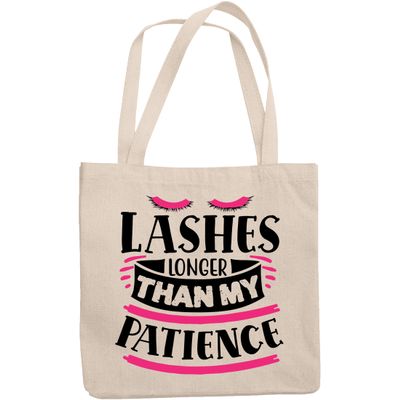 12oz Canvas Tote Bag - Lashes Longer Than My Patience, Impatience & Eyelashes Humor Quote - Beauty Themed Merch for Makeup Artist or Cosmetologist, Gift for Makeup Lovers & Beauticians