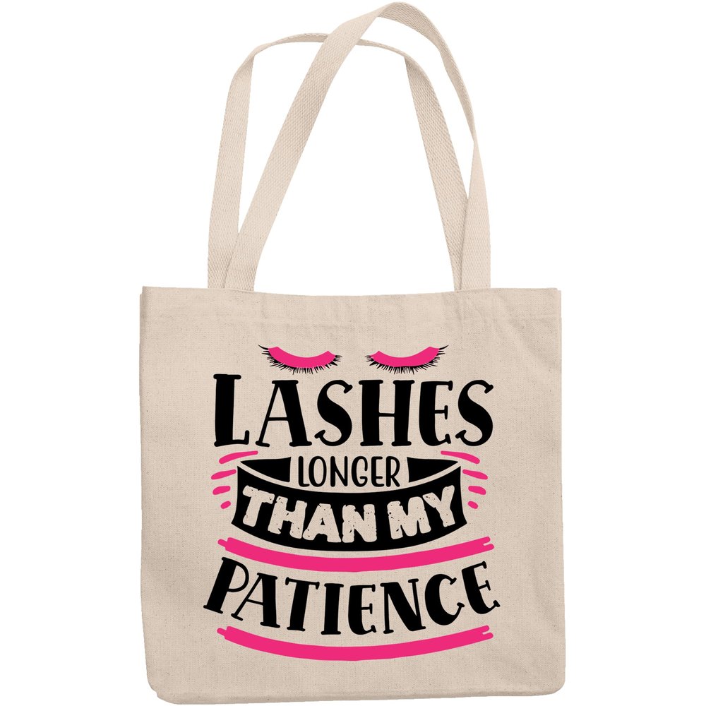 12oz Canvas Tote Bag - Lashes Longer Than My Patience, Impatience & Eyelashes Humor Quote - Beauty Themed Merch for Makeup Artist or Cosmetologist, Gift for Makeup Lovers & Beauticians