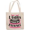 12oz Canvas Tote Bag - Lashes Longer Than My Patience, Impatience & Eyelashes Humor Quote - Beauty Themed Merch for Makeup Artist or Cosmetologist, Gift for Makeup Lovers & Beauticians view 1