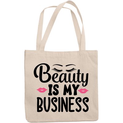 12oz Canvas Tote Bag - Beauty Is My Business with Eyelashes & Pink Lips Design - Beauty Themed Merch for Makeup Artist or Cosmetologist, Gift for Makeup Lovers & Beauticians