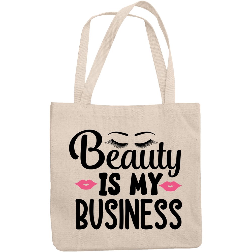 12oz Canvas Tote Bag - Beauty Is My Business with Eyelashes & Pink Lips Design - Beauty Themed Merch for Makeup Artist or Cosmetologist, Gift for Makeup Lovers & Beauticians