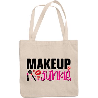 12oz Canvas Tote Bag - Makeup Junkie with Pink Lipstick, Powder Brush & Lips Design - Beauty Themed Merch for Makeup Artist or Cosmetologist, Gift for Makeup Lovers & Beauticians