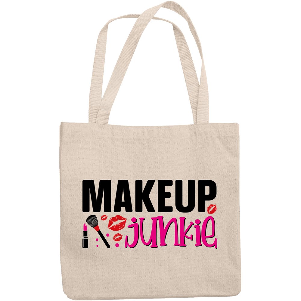 12oz Canvas Tote Bag - Makeup Junkie with Pink Lipstick, Powder Brush & Lips Design - Beauty Themed Merch for Makeup Artist or Cosmetologist, Gift for Makeup Lovers & Beauticians