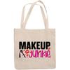 12oz Canvas Tote Bag - Makeup Junkie with Pink Lipstick, Powder Brush & Lips Design - Beauty Themed Merch for Makeup Artist or Cosmetologist, Gift for Makeup Lovers & Beauticians view 1