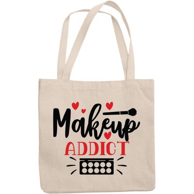 12oz Canvas Tote Bag - Makeup Addict with Powder Brush, Eyeshadow Palette & Hearts Design - Beauty Themed Merch for Makeup Artist or Cosmetologist, Gift for Makeup Lovers & Beauticians