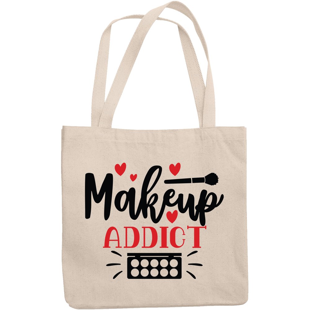 12oz Canvas Tote Bag - Makeup Addict with Powder Brush, Eyeshadow Palette & Hearts Design - Beauty Themed Merch for Makeup Artist or Cosmetologist, Gift for Makeup Lovers & Beauticians