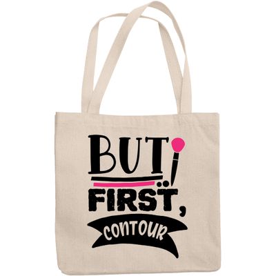12oz Canvas Tote Bag - But First Contour with Makeup Brush Design - Beauty Themed Merch for Makeup Artist or Cosmetologist, Gift for Makeup Lovers & Beauticians