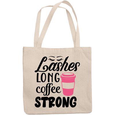 12oz Canvas Tote Bag - Lashes Strong and Coffee Strong with Travel Mug & Eyelashes Design - Beauty Themed Merch for Makeup Artist or Cosmetologist, Gift for Makeup Lovers & Beauticians