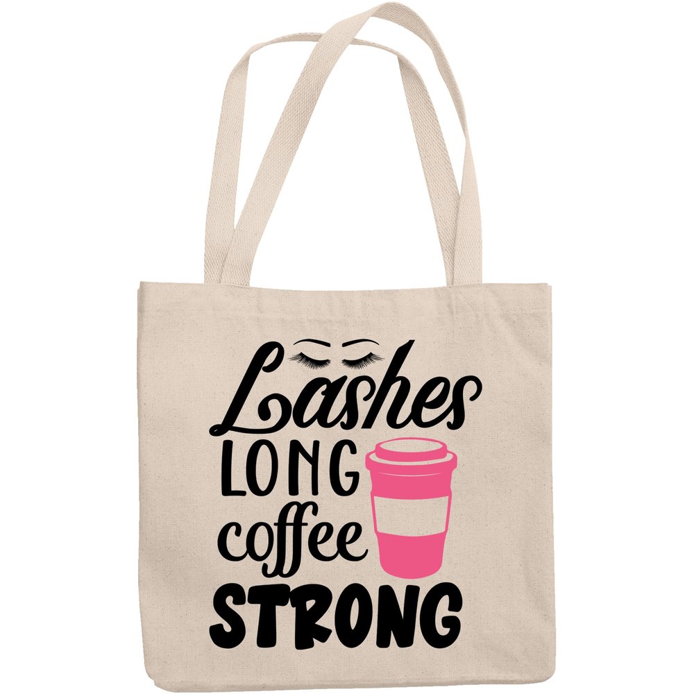 12oz Canvas Tote Bag - Lashes Strong and Coffee Strong with Travel Mug & Eyelashes Design - Beauty Themed Merch for Makeup Artist or Cosmetologist, Gift for Makeup Lovers & Beauticians