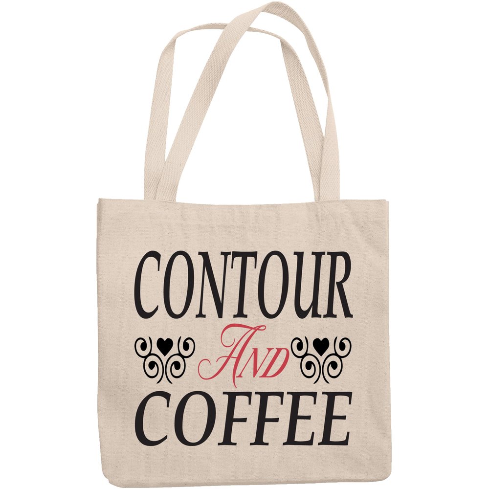 12oz Canvas Tote Bag - Contour and Coffee, Quote About Contouring & Caffeine - Beauty Themed Merch for Makeup Artist or Cosmetologist, Gift for Makeup Lovers & Beauticians