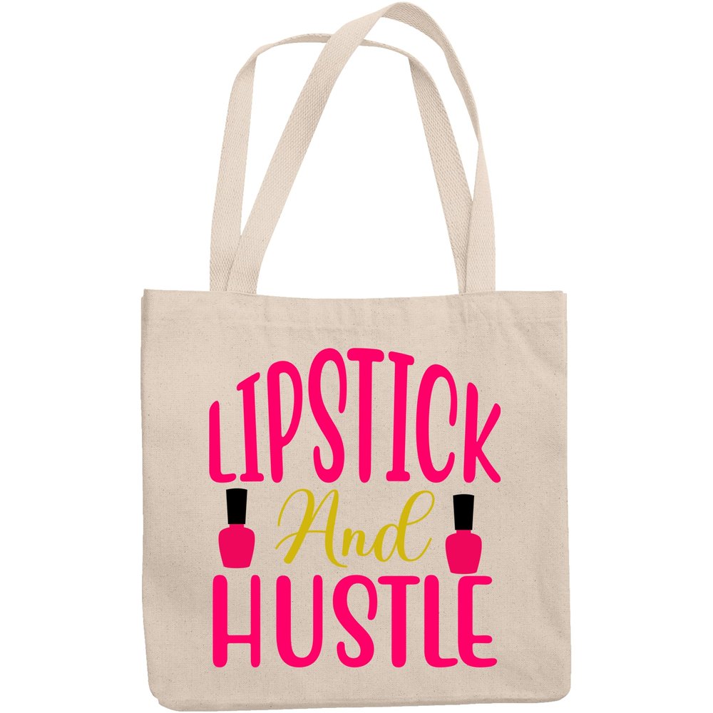 12oz Canvas Tote Bag - Lipstick and Hustle, Quote About Love for Lipsticks and Working - Beauty Themed Merch for Makeup Artist or Cosmetologist, Gift for Makeup Lovers & Beauticians