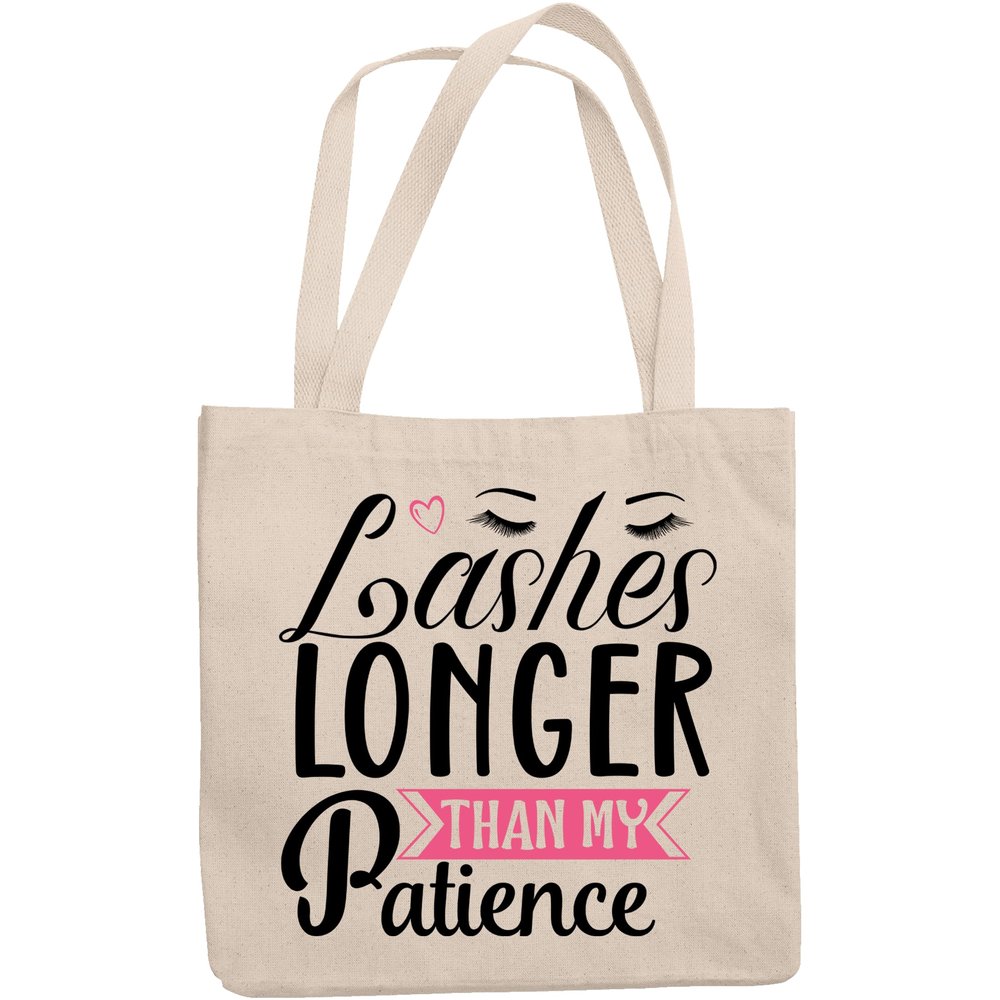 12oz Canvas Tote Bag - Lashes, Longer Than My Patience with Eyelashes Design - Beauty Themed Merch for Makeup Artist or Cosmetologist, Gift for Makeup Lovers & Beauticians