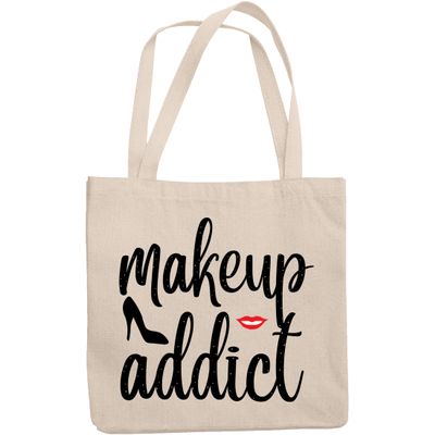 12oz Canvas Tote Bag - Makeup Addict with High Heels Shoe & Lips Design - Beauty Themed Merch for Makeup Artist or Cosmetologist, Gift for Makeup Lovers & Beauticians