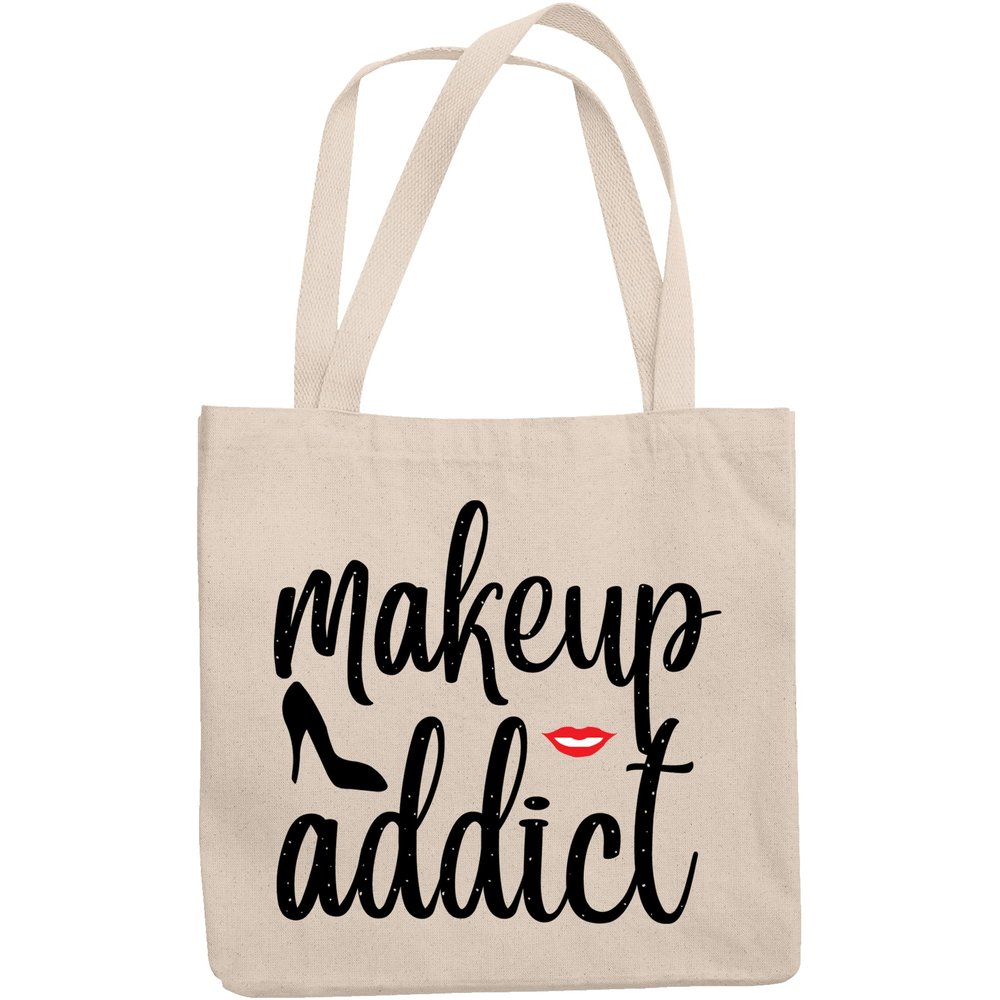 12oz Canvas Tote Bag - Makeup Addict with High Heels Shoe & Lips Design - Beauty Themed Merch for Makeup Artist or Cosmetologist, Gift for Makeup Lovers & Beauticians