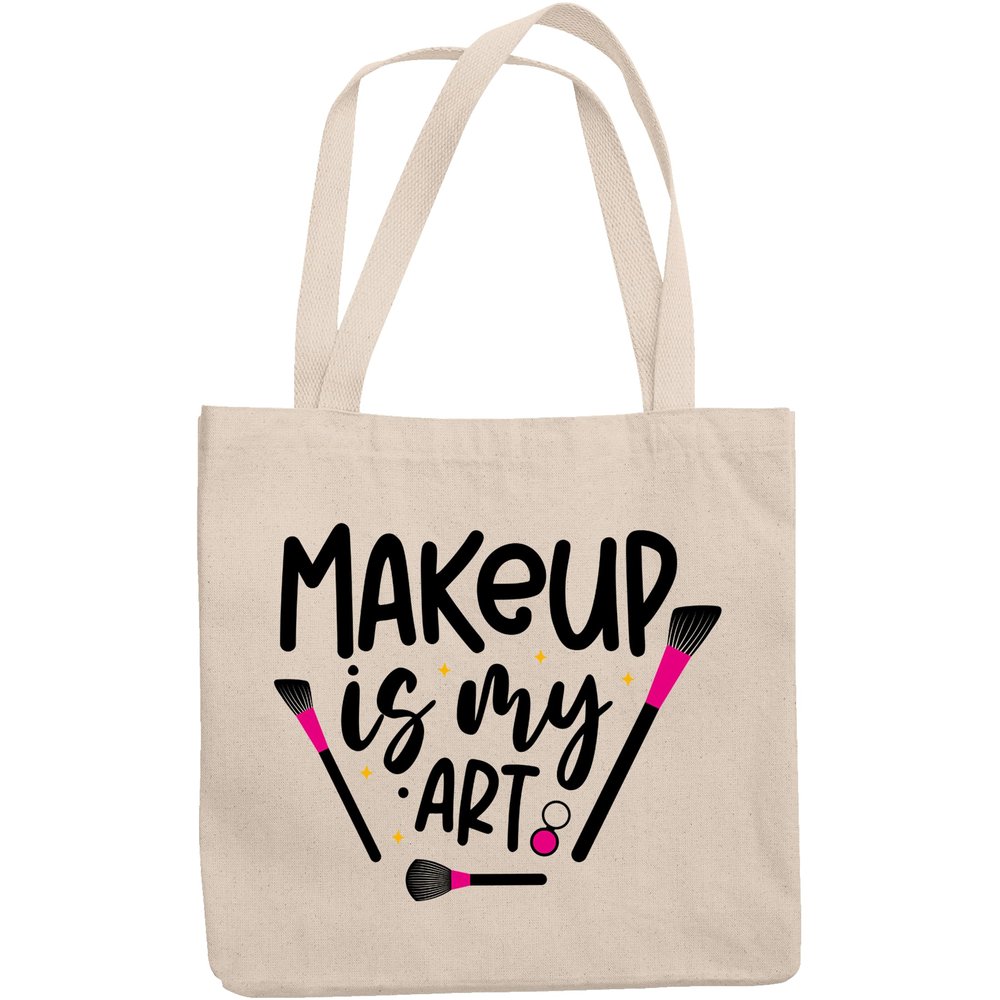 12oz Canvas Tote Bag - Girly Makeup Is My Art Quote with Contour & Powder Brushes Design - Beauty Themed Merch for Makeup Artist or Cosmetologist, Gift for Makeup Lovers & Beauticians
