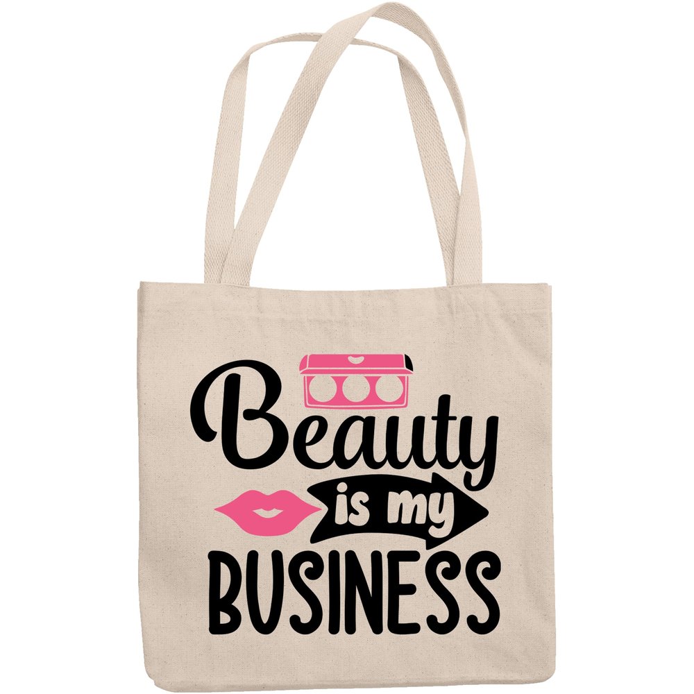 12oz Canvas Tote Bag - Beauty Is My Business with Pink Lips & Makeup Organizer Design - Beauty Themed Merch for Makeup Artist or Cosmetologist, Gift for Makeup Lovers & Beauticians