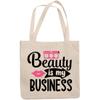 12oz Canvas Tote Bag - Beauty Is My Business with Pink Lips & Makeup Organizer Design - Beauty Themed Merch for Makeup Artist or Cosmetologist, Gift for Makeup Lovers & Beauticians view 1