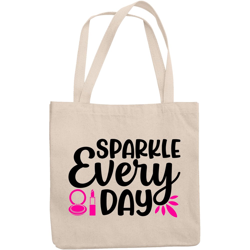 12oz Canvas Tote Bag - Sparkle Every Day with Compact Mirror & Lipstick Design - Beauty Themed Merch for Makeup Artist or Cosmetologist, Gift for Makeup Lovers & Beauticians
