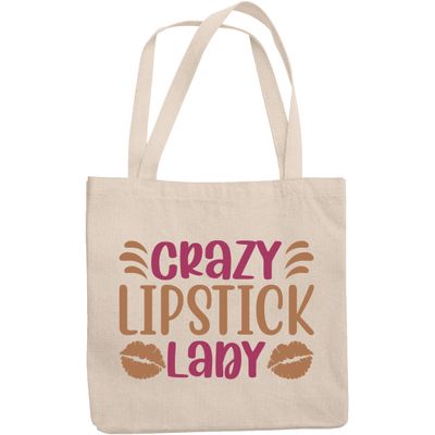 12oz Canvas Tote Bag - Crazy Lipstick Lady with Lip Marks Design - Beauty Themed Merch for Makeup Artist or Cosmetologist, Gift for Makeup Lovers & Beauticians