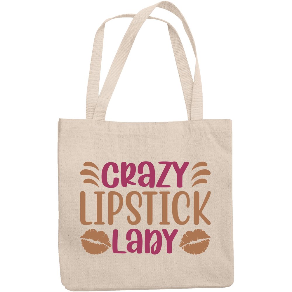 12oz Canvas Tote Bag - Crazy Lipstick Lady with Lip Marks Design - Beauty Themed Merch for Makeup Artist or Cosmetologist, Gift for Makeup Lovers & Beauticians