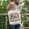 12oz Canvas Tote Bag - Lashes Long and Coffee Strong, Eyelashes Quote - Beauty Themed Merch for Makeup Artist or Cosmetologist, Gift for Makeup Lovers & Beauticians view 2