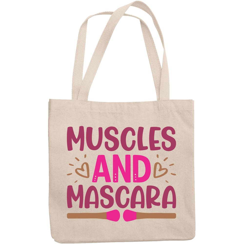 12oz Canvas Tote Bag - Muscles and Mascara with Heart and Brushes Design - Beauty Themed Merch for Makeup Artist or Cosmetologist, Gift for Makeup Lovers & Beauticians