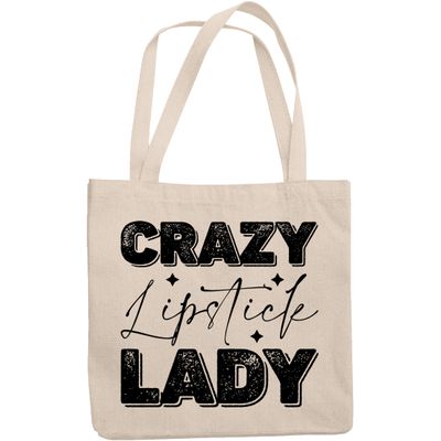 12oz Canvas Tote Bag - Crazy Lipstick Lady, Makeup Quote or Saying - Beauty Themed Merch for Makeup Artist or Cosmetologist, Gift for Makeup Lovers & Beauticians