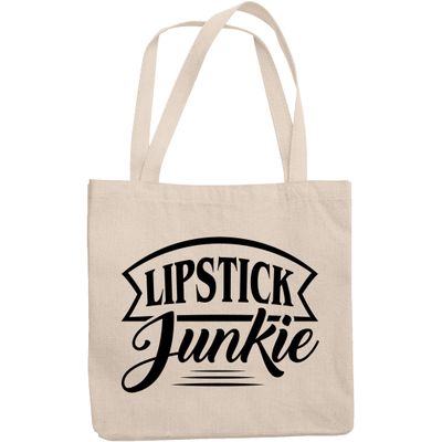12oz Canvas Tote Bag - Lipstick Junkie, Lip Cosmetics Lover Quote - Beauty Themed Merch for Makeup Artist or Cosmetologist, Gift for Makeup Lovers & Beauticians