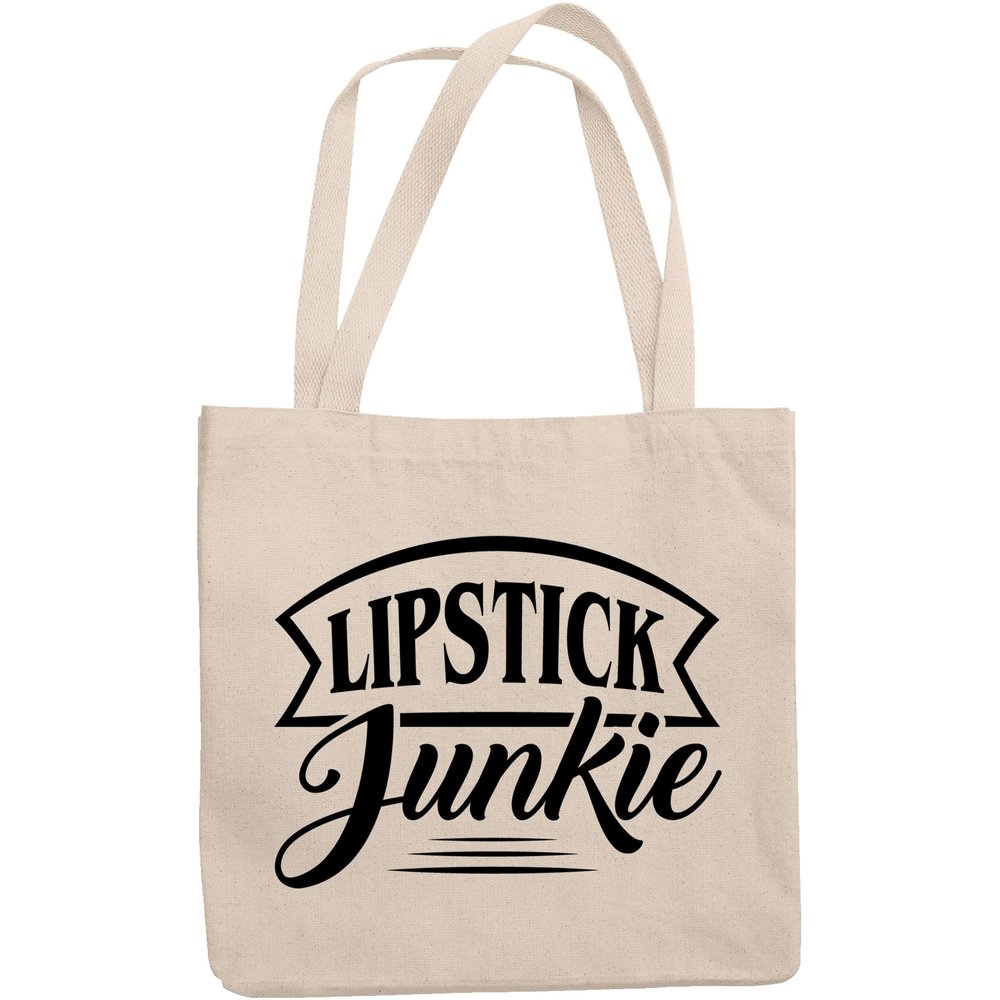 12oz Canvas Tote Bag - Lipstick Junkie, Lip Cosmetics Lover Quote - Beauty Themed Merch for Makeup Artist or Cosmetologist, Gift for Makeup Lovers & Beauticians