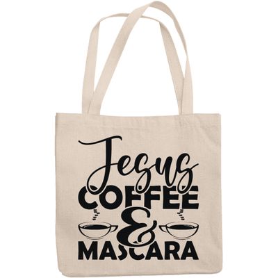 12oz Canvas Tote Bag - Jesus, Coffee & Mascara, Faith & Eyelashes Quote - Beauty Themed Merch for Makeup Artist or Cosmetologist, Gift for Makeup Lovers & Beauticians