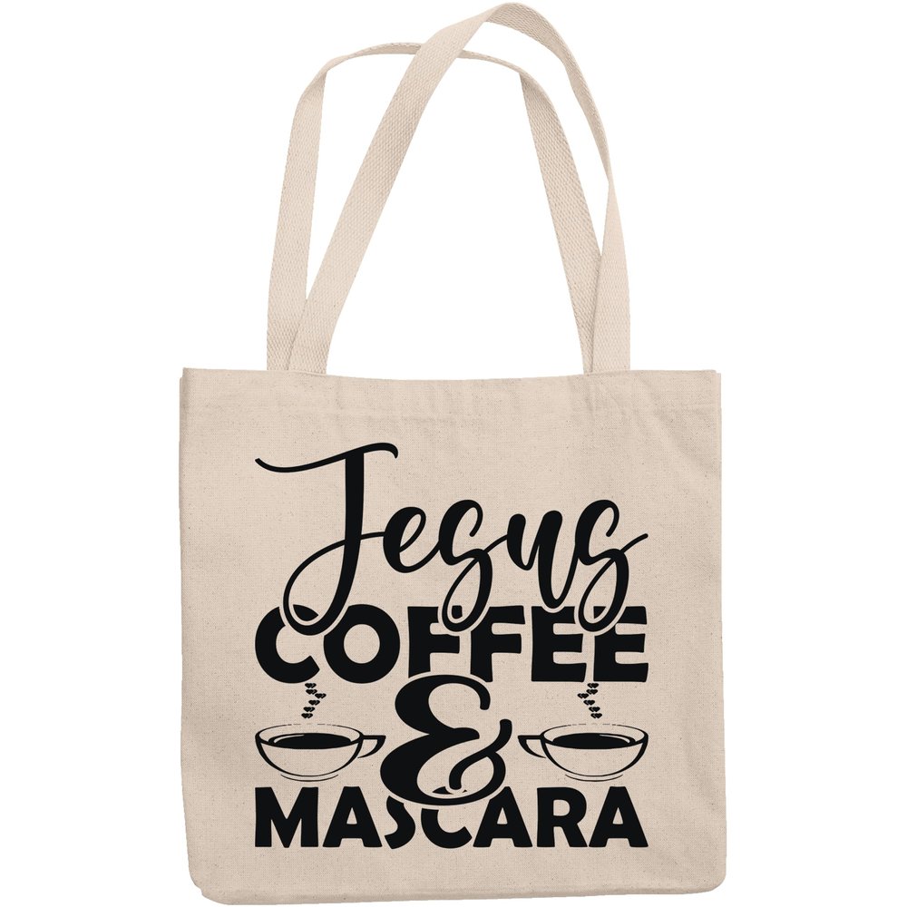 12oz Canvas Tote Bag - Jesus, Coffee & Mascara, Faith & Eyelashes Quote - Beauty Themed Merch for Makeup Artist or Cosmetologist, Gift for Makeup Lovers & Beauticians