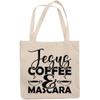12oz Canvas Tote Bag - Jesus, Coffee & Mascara, Faith & Eyelashes Quote - Beauty Themed Merch for Makeup Artist or Cosmetologist, Gift for Makeup Lovers & Beauticians view 1