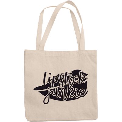12oz Canvas Tote Bag - Lipstick Junkie with Lips Design - Beauty Themed Merch for Makeup Artist or Cosmetologist, Gift for Makeup Lovers & Beauticians