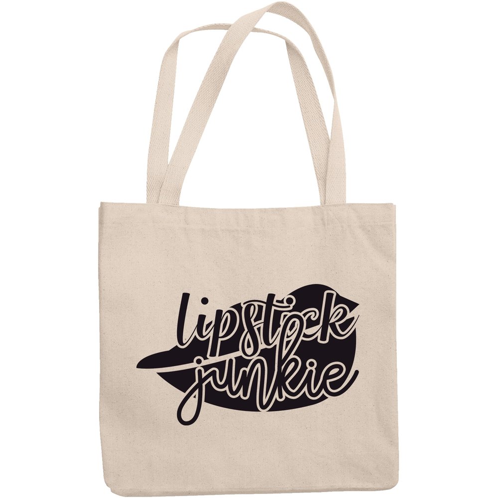 12oz Canvas Tote Bag - Lipstick Junkie with Lips Design - Beauty Themed Merch for Makeup Artist or Cosmetologist, Gift for Makeup Lovers & Beauticians
