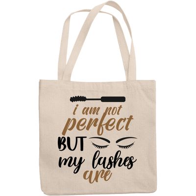 12oz Canvas Tote Bag - I Am Not Perfect but My Lashes Are, Witty Lash Quote with Mascara & Eyelash Design - Beauty Themed Merch for Makeup Artist or Cosmetologist, Gift for Makeup Lovers & Beauticians