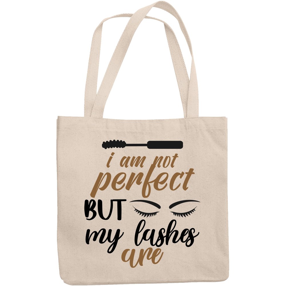 12oz Canvas Tote Bag - I Am Not Perfect but My Lashes Are, Witty Lash Quote with Mascara & Eyelash Design - Beauty Themed Merch for Makeup Artist or Cosmetologist, Gift for Makeup Lovers & Beauticians
