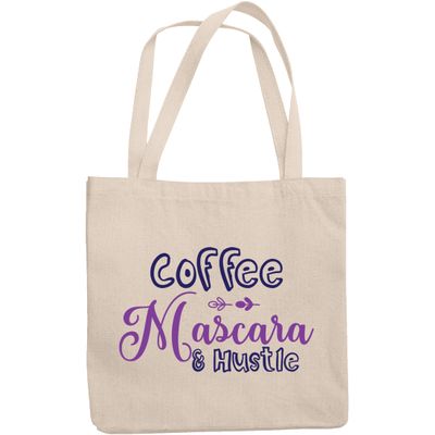 12oz Canvas Tote Bag - Coffee, Mascara & Hustle, Quote About Hard Work & Eyelash Cosmetics - Beauty Themed Merch for Makeup Artist or Cosmetologist, Gift for Makeup Lovers & Beauticians