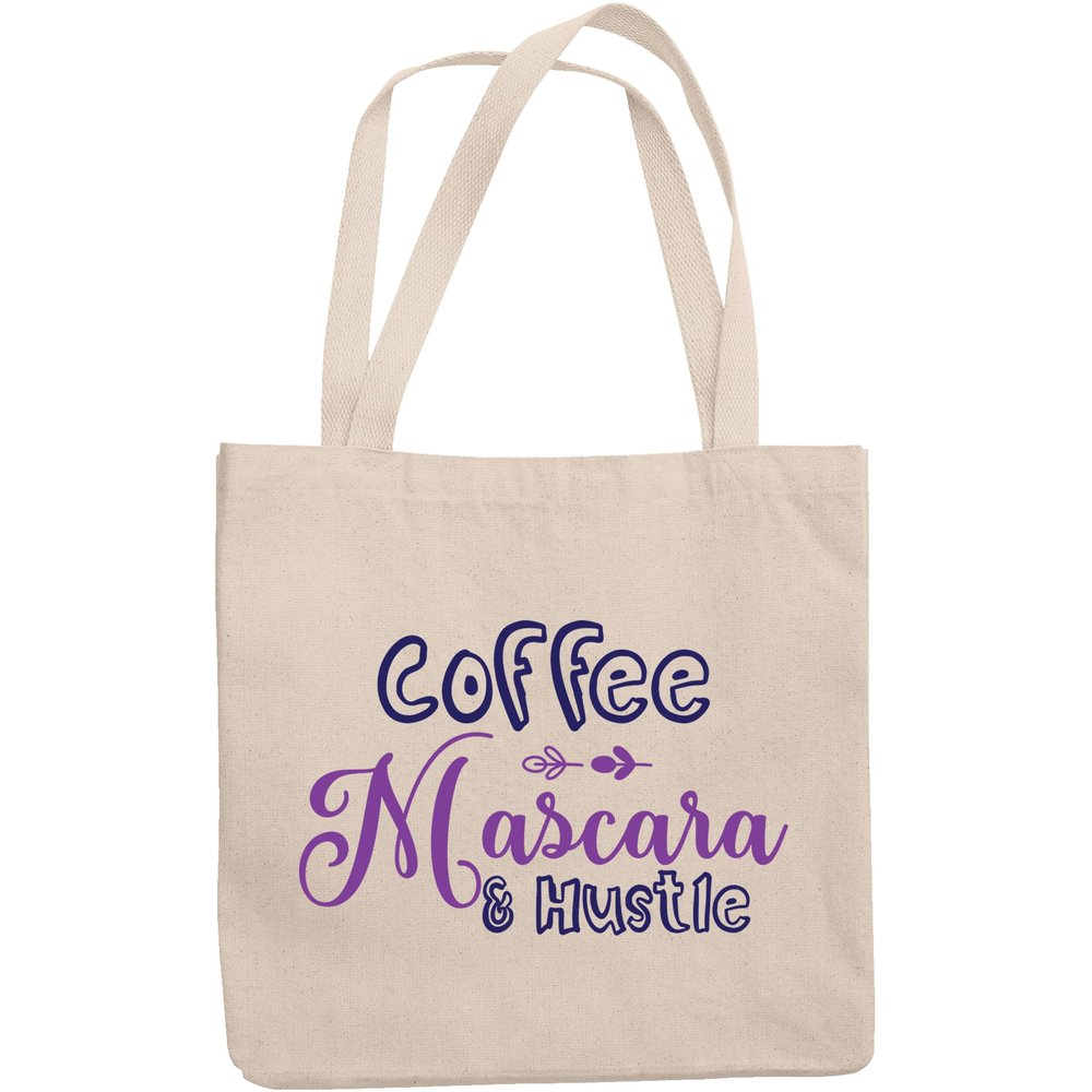 12oz Canvas Tote Bag - Coffee, Mascara & Hustle, Quote About Hard Work & Eyelash Cosmetics - Beauty Themed Merch for Makeup Artist or Cosmetologist, Gift for Makeup Lovers & Beauticians