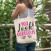 12oz Canvas Tote Bag - You Look Gorgeous with Contour Brush, Eyebrows & Lipstick Design - Beauty Themed Merch for Makeup Artist or Cosmetologist, Gift for Makeup Lovers & Beauticians view 2