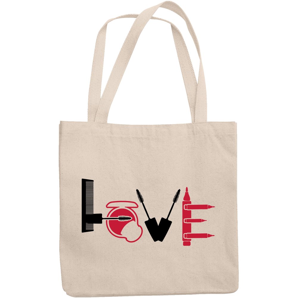 12oz Canvas Tote Bag - Love with Cosmetics or Beauty Tools Design - Beauty Themed Merch for Makeup Artist or Cosmetologist, Gift for Makeup Lovers & Beauticians