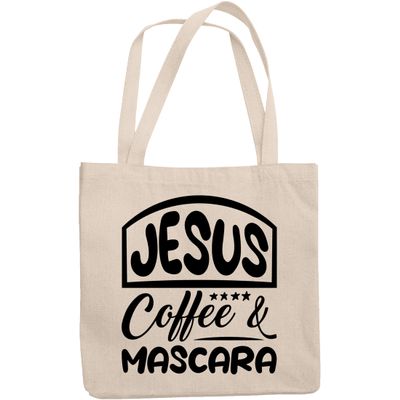 12oz Canvas Tote Bag - Jesus, Coffee & Mascara, Christian Cosmetics Lover Quote - Beauty Themed Merch for Makeup Artist or Cosmetologist, Gift for Makeup Lovers & Beauticians