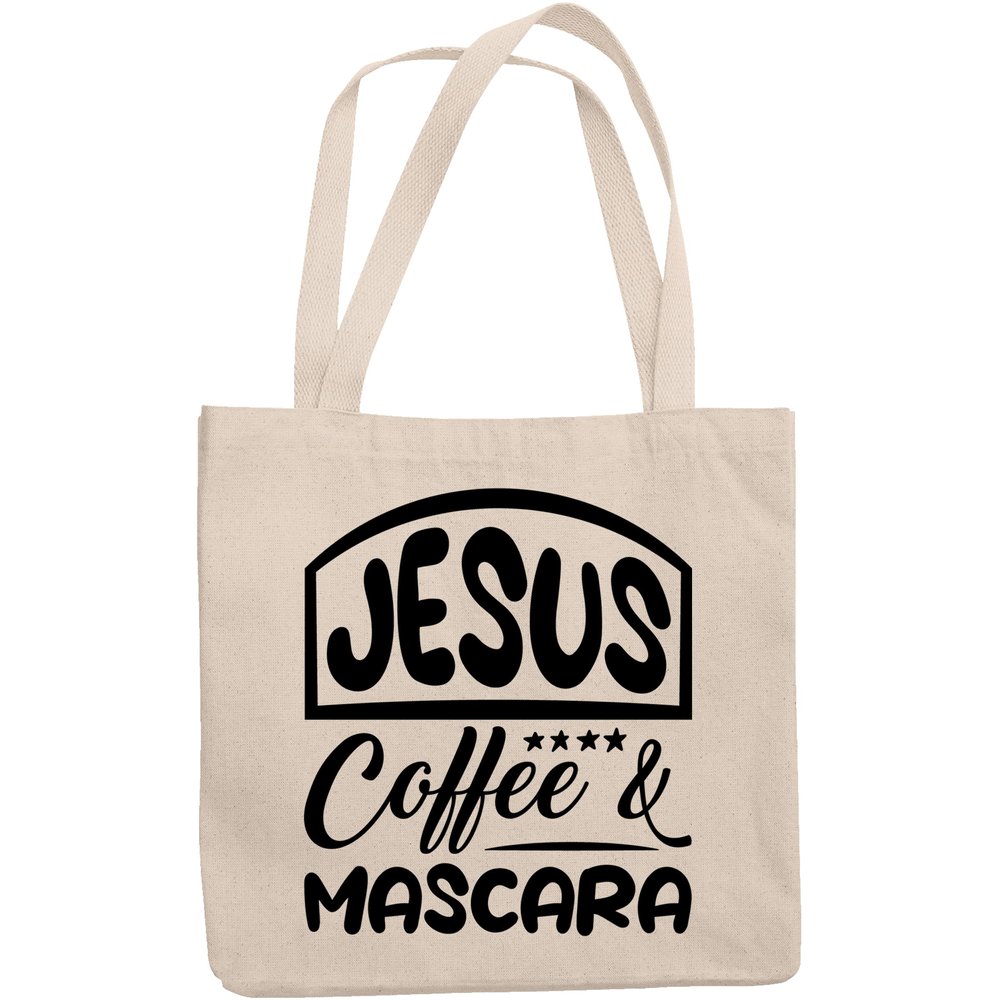 12oz Canvas Tote Bag - Jesus, Coffee & Mascara, Christian Cosmetics Lover Quote - Beauty Themed Merch for Makeup Artist or Cosmetologist, Gift for Makeup Lovers & Beauticians