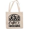 12oz Canvas Tote Bag - Jesus, Coffee & Mascara, Christian Cosmetics Lover Quote - Beauty Themed Merch for Makeup Artist or Cosmetologist, Gift for Makeup Lovers & Beauticians view 1