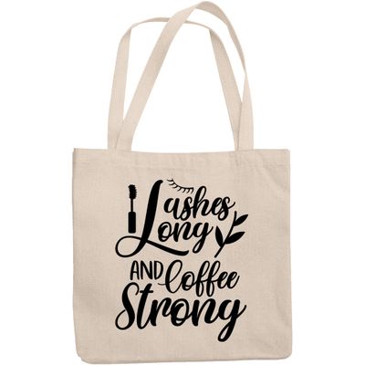 12oz Canvas Tote Bag - Lashes Long and Coffee Strong Quote with Eyelash & Mascara Design - Beauty Themed Merch for Makeup Artist or Cosmetologist, Gift for Makeup Lovers & Beauticians