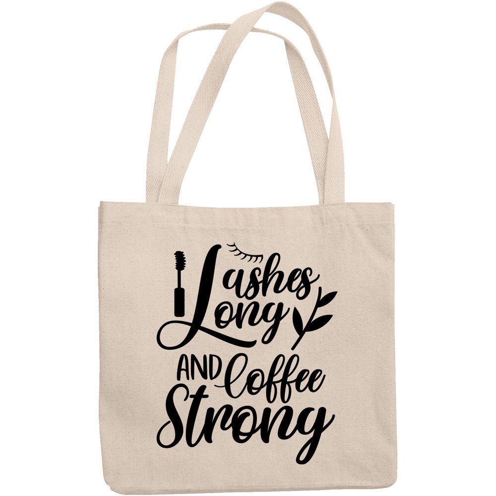 12oz Canvas Tote Bag - Lashes Long and Coffee Strong Quote with Eyelash & Mascara Design - Beauty Themed Merch for Makeup Artist or Cosmetologist, Gift for Makeup Lovers & Beauticians